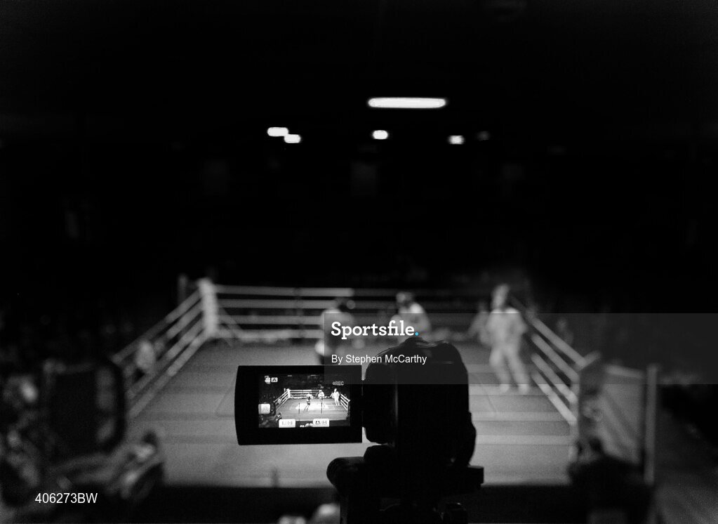 27 February 2010; A camcorder records the action between Gareth Smith, Crumlin, and Tommy Sheehan, St Michaels Athy, during their 91+kg bout. National Mens Elite Championships Semi-Finals - Saturday, National Stadium, Dublin. Picture credit: Stephen McCarthy / SPORTSFILE