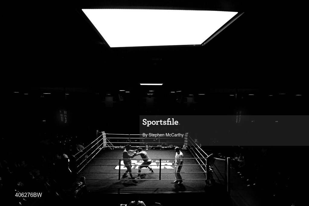27 February 2010; A general view of the action between Gareth Smith, Crumlin, and Tommy Sheehan, St Michaels Athy, during their 91+kg bout. National Mens Elite Championships Semi-Finals - Saturday, National Stadium, Dublin. Picture credit: Stephen McCarthy / SPORTSFILE