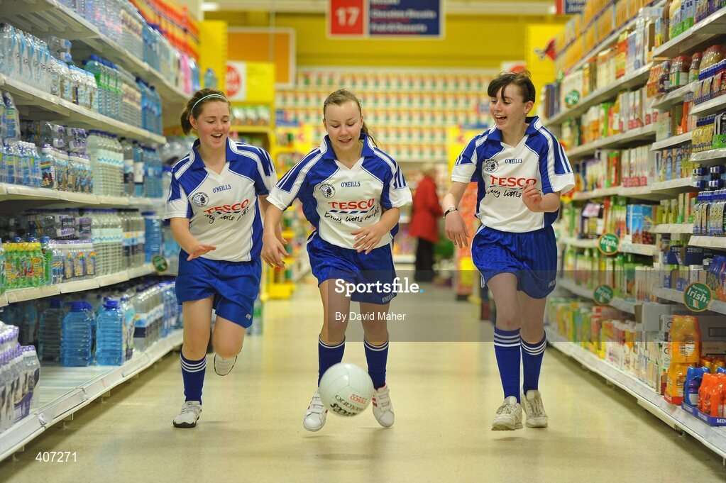 8 March 2010; Tesco were today announced as the new sponsor of the All-Ireland Post Primary Schools competitions for both the Senior and Junior grades. Pictured are schoolgirls, left to right, Lesley Carroll, Sarah Cowzer and Amy O'Driscoll. Tesco, Clarehall, Dublin. Picture credit: David Maher / SPORTSFILE