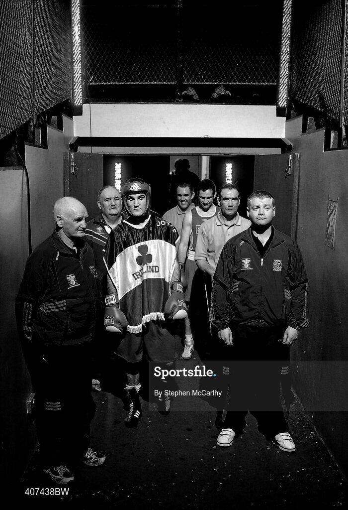 5 March 2010; John Joe Joyce, St Michaels Athy, left, and Willie McLoughlin, Illies Golden Gloves, await to make their way to the ring for their elite 69kg final bout. National Men's & Women's Elite National Championships 2010 Finals - Friday, National Stadium, Dublin. Picture credit: Stephen McCarthy / SPORTSFILE