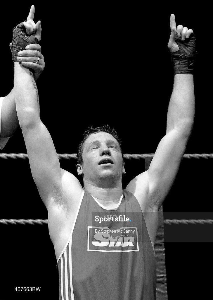 6 March 2010; Ray Moylette, St Annes Westport, celebrates his victory over Stephen Donnelly, All Saints, following their men's elite 64kg bout. Men's Elite & Women's Novice National Championships 2010 Finals - Saturday Evening Session, National Stadium, Dublin. Picture credit: Stephen McCarthy / SPORTSFILE