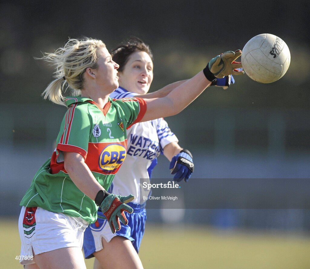7 March 2010; Clodagh Martin, Mayo, in action against Christina Reilly, Monaghan. Bord Gais Energy Ladies National Football League Division 1 Round 4, Monaghan v Mayo Emyvale, Co. Monaghan. Picture credit: Oliver McVeigh / SPORTSFILE