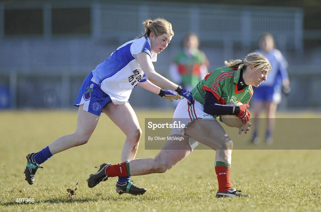7 March 2010; Cora Staunton, Mayo, in action against Yvonne Connell, Monaghan. Bord Gais Energy Ladies National Football League Division 1 Round 4, Monaghan v Mayo Emyvale, Co. Monaghan. Picture credit: Oliver McVeigh / SPORTSFILE