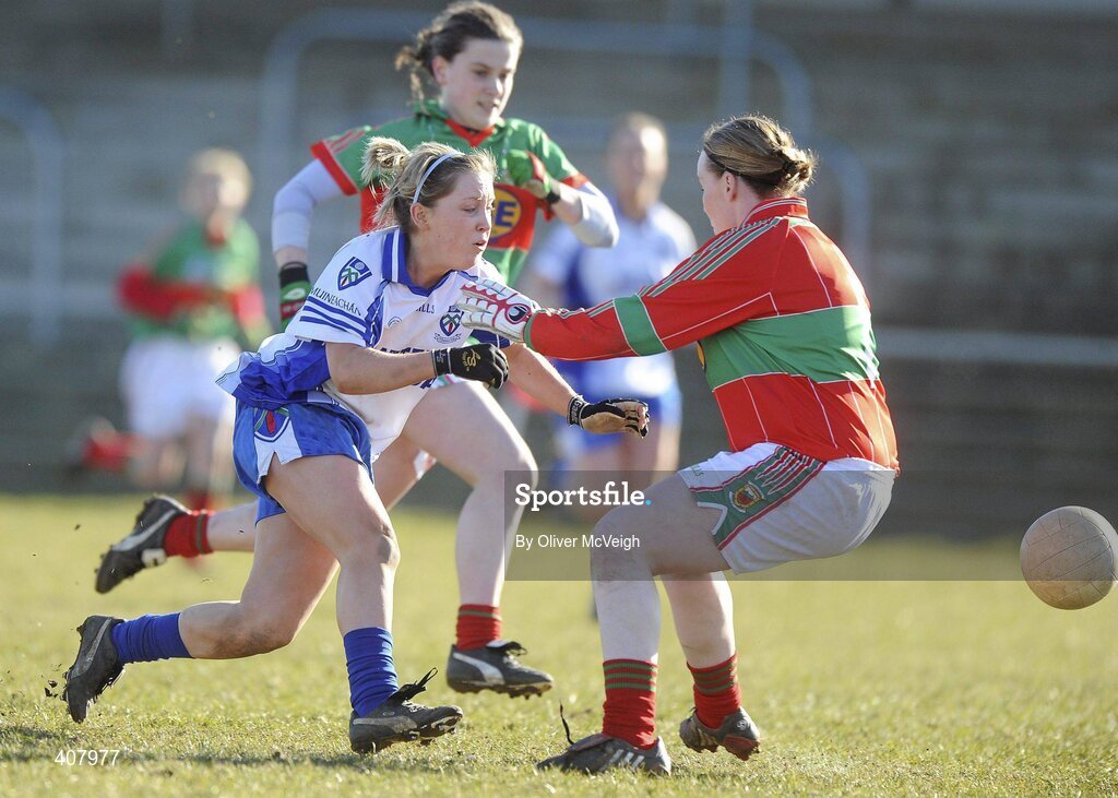 7 March 2010; Ciara McAnespie, Monaghan, flicks the ball past Yvonne Byrne, Mayo. Bord Gais Energy Ladies National Football League Division 1 Round 4, Monaghan v Mayo Emyvale, Co. Monaghan. Picture credit: Oliver McVeigh / SPORTSFILE