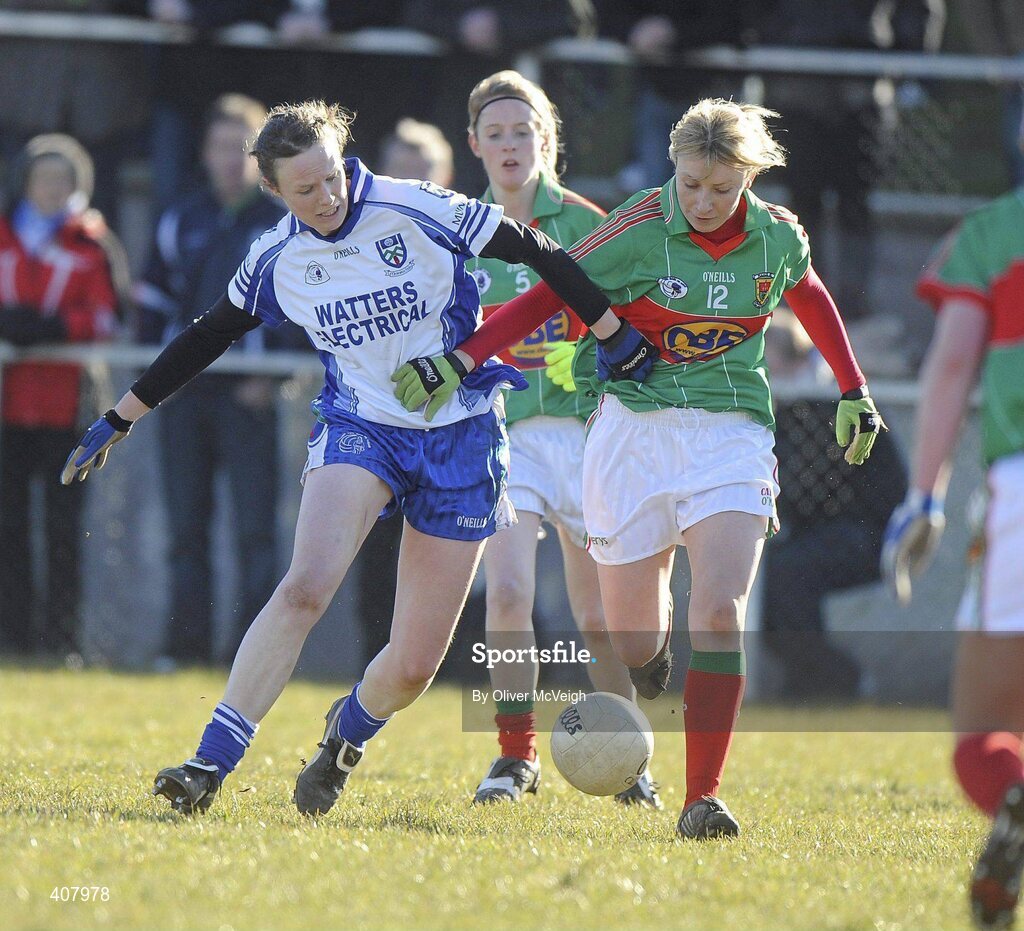 7 March 2010; Edel Byrne, Monaghan, in action against Noelle Tierney, Mayo. Bord Gais Energy Ladies National Football League Division 1 Round 4, Monaghan v Mayo Emyvale, Co. Monaghan. Picture credit: Oliver McVeigh / SPORTSFILE