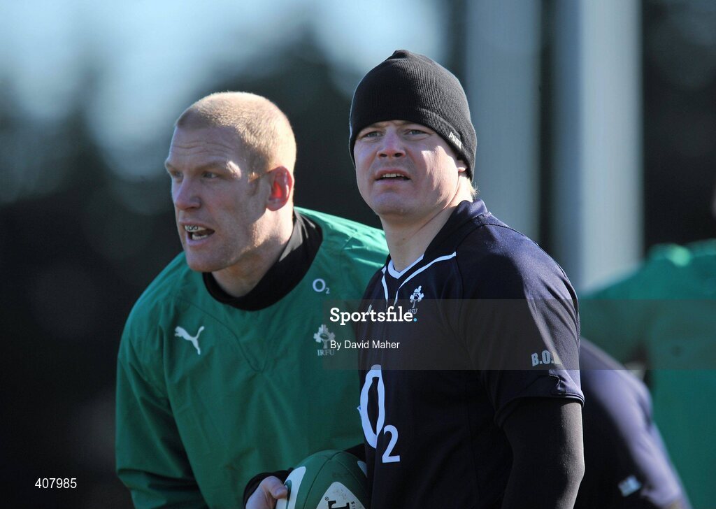 8 March 2010; Ireland captain Brian O'Driscoll with Paul O'Connell during squad training ahead of their RBS Six Nations Rugby Championship match against Wales on Saturday. Ireland rugby squad training, Dr. Hickey Park, Greystones, Co. Wicklow. Picture credit; David Maher / SPORTSFILE