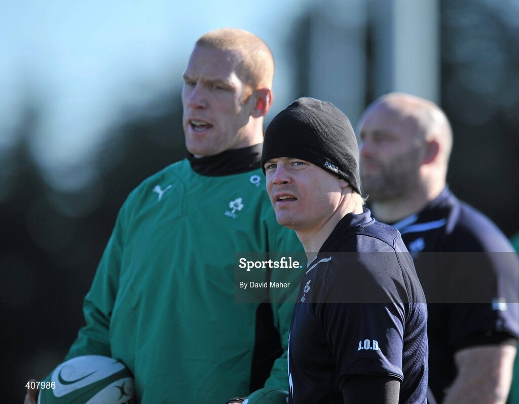8 March 2010; Ireland captain Brian O'Driscoll with Paul O'Connell during squad training ahead of their RBS Six Nations Rugby Championship match against Wales on Saturday. Ireland rugby squad training, Dr. Hickey Park, Greystones, Co. Wicklow. Picture credit; David Maher / SPORTSFILE