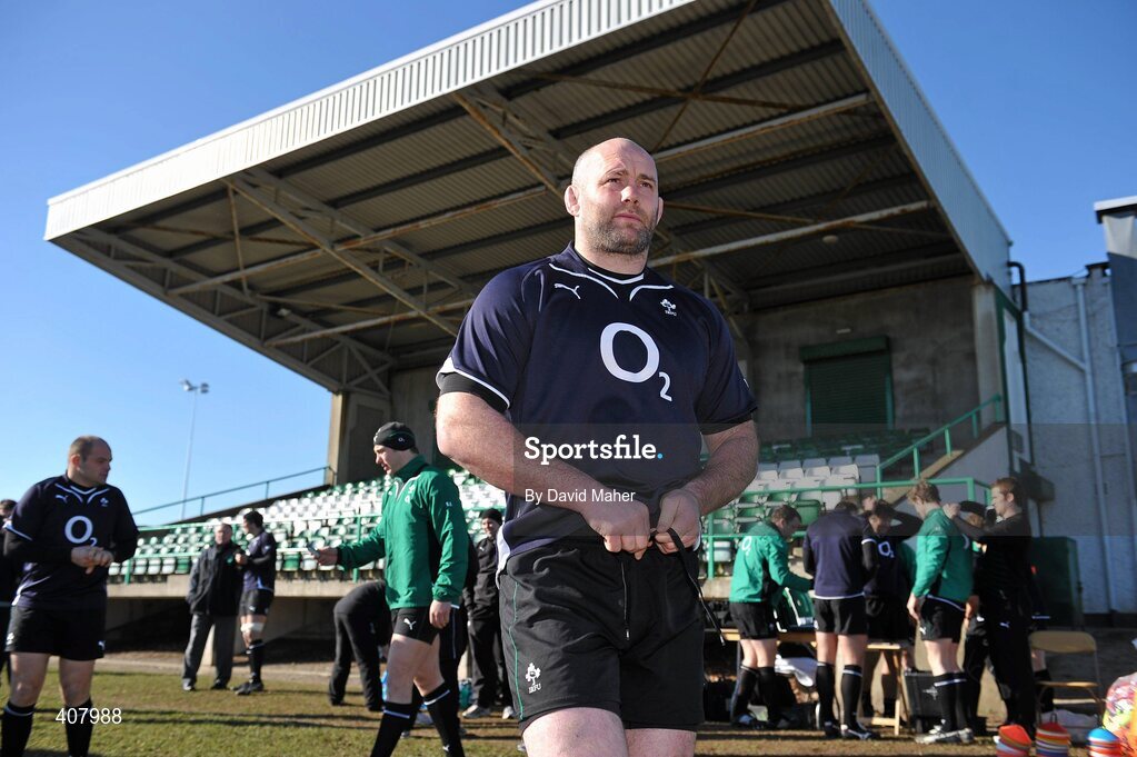 8 March 2010; Ireland's John Hayes pictured before squad training ahead of their RBS Six Nations Rugby Championship match against Wales on Saturday. Ireland rugby squad training, Dr. Hickey Park, Greystones, Co. Wicklow. Picture credit; David Maher / SPORTSFILE