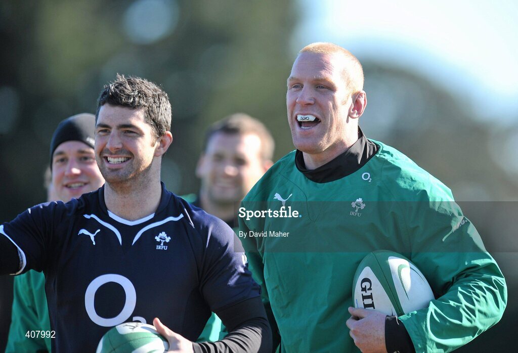 8 March 2010; Ireland's Rob Kearney, left, with Paul O'Connell during squad training ahead of their RBS Six Nations Rugby Championship match against Wales on Saturday. Ireland rugby squad training, Dr. Hickey Park, Greystones, Co. Wicklow. Picture credit; David Maher / SPORTSFILE