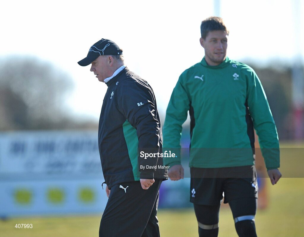 8 March 2010; Ireland head coach Declan Kidney with Ronan O'Gara during squad training ahead of their RBS Six Nations Rugby Championship match against Wales on Saturday. Ireland rugby squad training, Dr. Hickey Park, Greystones, Co. Wicklow. Picture credit; David Maher / SPORTSFILE