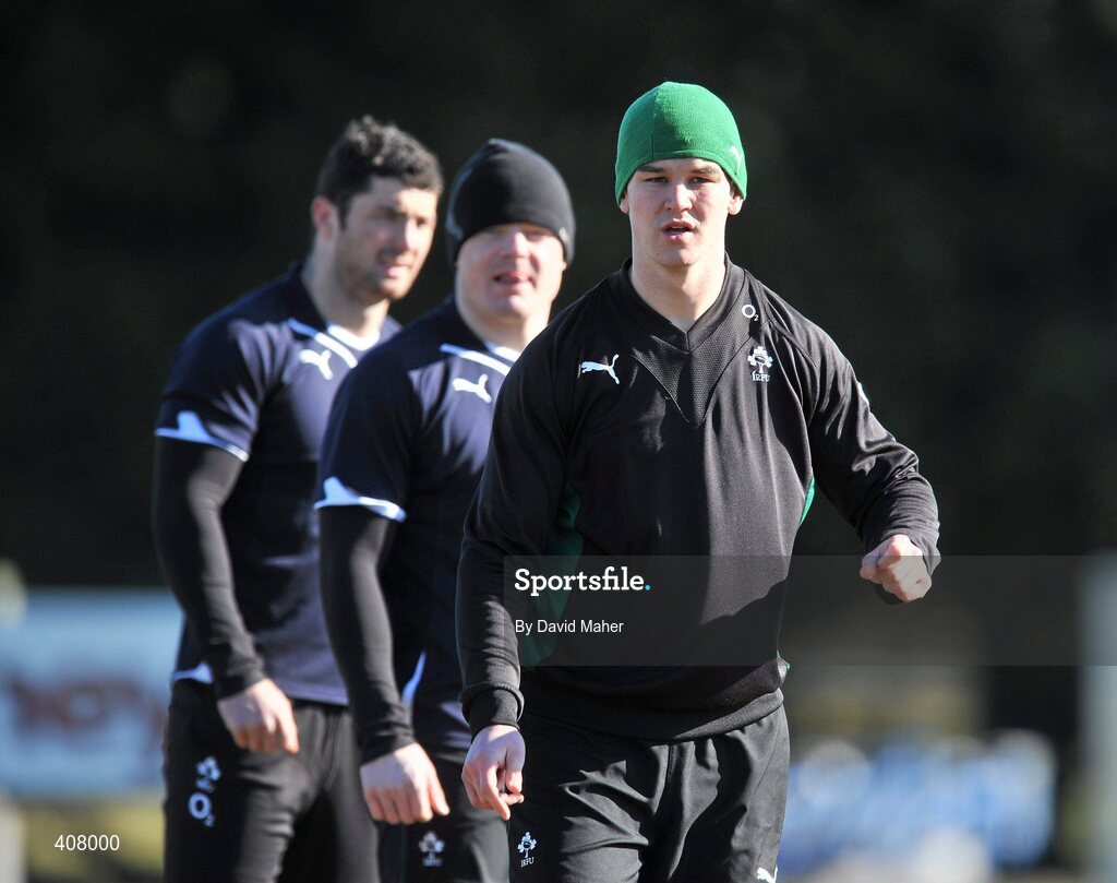 8 March 2010; Ireland's Jonathan Sexton with Brian O'Driscoll and Rob Kearney during squad training ahead of their RBS Six Nations Rugby Championship match against Wales on Saturday. Ireland rugby squad training, Dr. Hickey Park, Greystones, Co. Wicklow. Picture credit; David Maher / SPORTSFILE