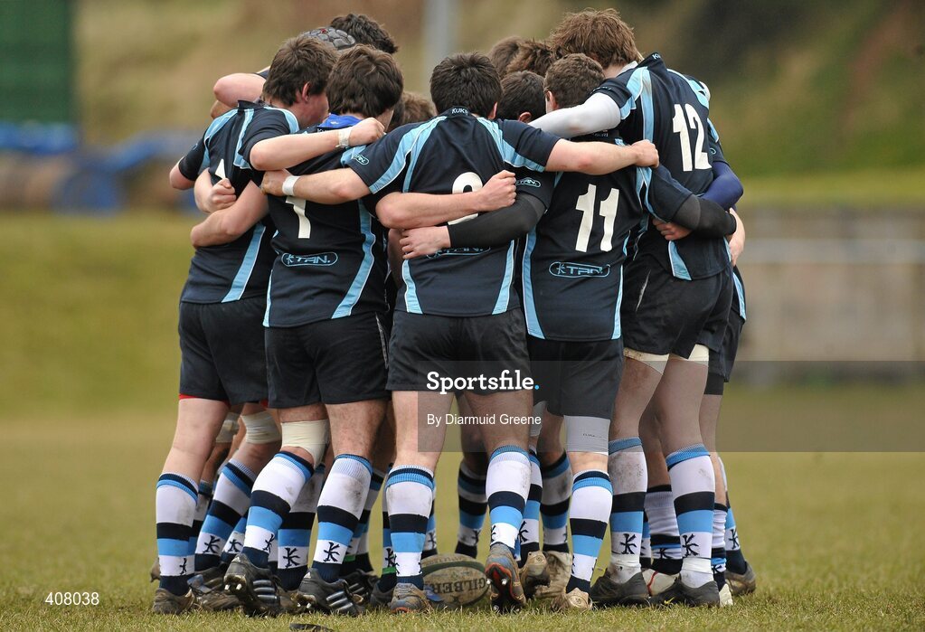 3 March 2010; The Castletroy team gather together in a huddle before the game. Avonmore Munster Rugby Schools Senior Cup Semi-Final, Rockwell v Castletroy College, Clanwilliam Park, Tipperary Town, Tipperary. Picture credit: Diarmuid Greene / SPORTSFILE