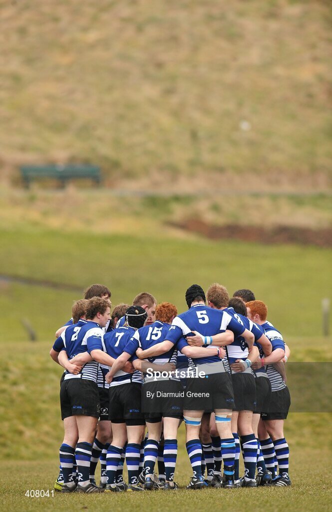 3 March 2010; The Rockwell team gather together in a huddle before the game. Avonmore Munster Rugby Schools Senior Cup Semi-Final, Rockwell v Castletroy College, Clanwilliam Park, Tipperary Town, Tipperary. Picture credit: Diarmuid Greene / SPORTSFILE