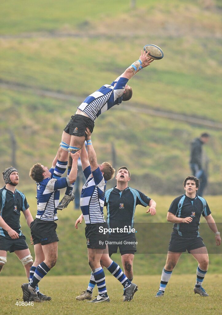3 March 2010; Shane Buckley, Rockwell, wins possession in the line-out, lifted by team-mates Richard Moran, left, and Luke Cahill. Avonmore Munster Rugby Schools Senior Cup Semi-Final, Rockwell v Castletroy College, Clanwilliam Park, Tipperary Town, Tipperary. Picture credit: Diarmuid Greene / SPORTSFILE