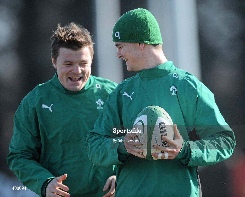9 March 2010; Ireland's Jonathan Sexton, right, and Brian O'Driscoll during rugby squad training ahead of their RBS Six Nations Rugby Championship match against Wales on Saturday. Dr. Hickey Park, Greystones, Co. Wicklow. Picture credit; Brian Lawless / SPORTSFILE