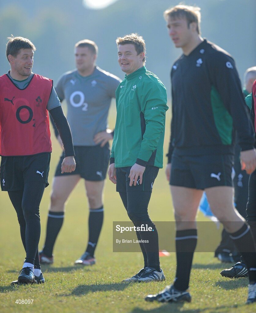 9 March 2010; Ireland's Brian O'Driscoll and Ronan O'Gara, left, share a joke during rugby squad training ahead of their RBS Six Nations Rugby Championship match against Wales on Saturday. Dr. Hickey Park, Greystones, Co. Wicklow. Picture credit; Brian Lawless / SPORTSFILE