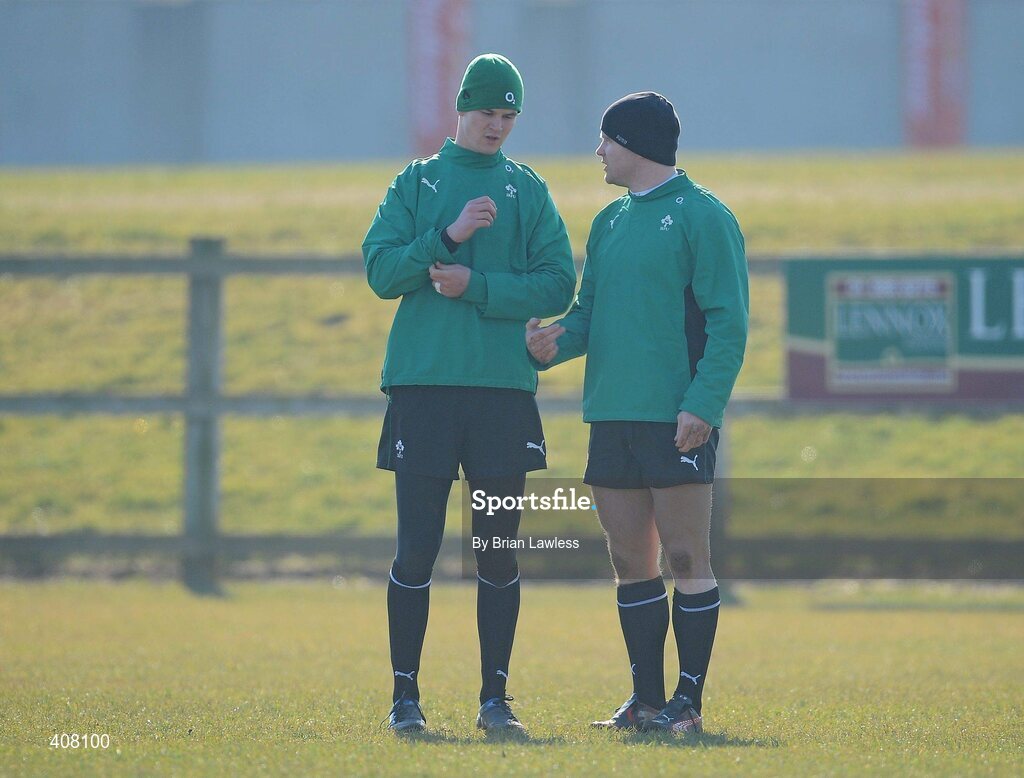 9 March 2010; Ireland's Jonathan Sexton in conversation with team-mate Gordon D'Arcy during rugby squad training ahead of their RBS Six Nations Rugby Championship match against Wales on Saturday. Dr. Hickey Park, Greystones, Co. Wicklow. Picture credit; Brian Lawless / SPORTSFILE