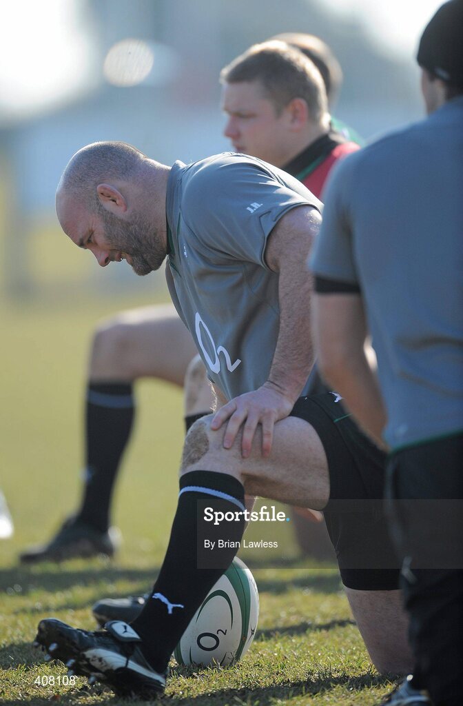9 March 2010; Ireland's John Hayes with team-mate Tom Court, right, during rugby squad training ahead of their RBS Six Nations Rugby Championship match against Wales on Saturday. Dr. Hickey Park, Greystones, Co. Wicklow. Picture credit; Brian Lawless / SPORTSFILE