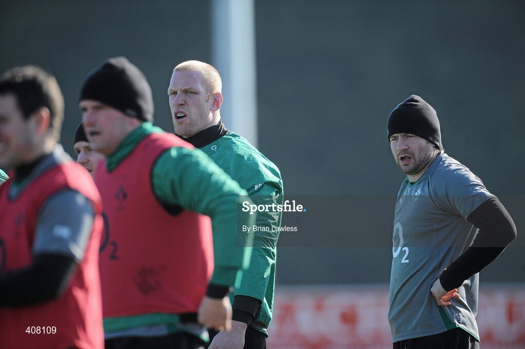 9 March 2010; Ireland's Geordan Murphy, right, and team-mate Paul O'Connell during rugby squad training ahead of their RBS Six Nations Rugby Championship match against Wales on Saturday. Dr. Hickey Park, Greystones, Co. Wicklow. Picture credit; Brian Lawless / SPORTSFILE