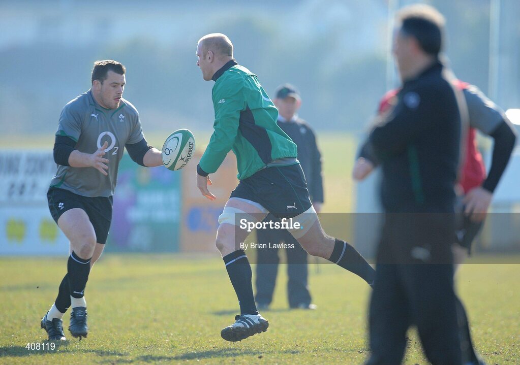 9 March 2010; Ireland players Cian Healy, left, and Paul O'Connell during rugby squad training ahead of their RBS Six Nations Rugby Championship match against Wales on Saturday. Dr. Hickey Park, Greystones, Co. Wicklow. Picture credit; Brian Lawless / SPORTSFILE