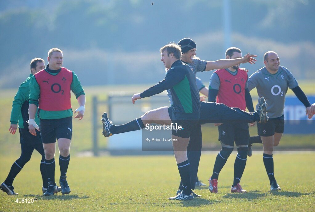 9 March 2010; Ireland players, from left, Tomas O'Leary, Tom Court, Stephen Ferris, Donncha O'Callaghan, and Rory Best, during rugby squad training ahead of their RBS Six Nations Rugby Championship match against Wales on Saturday. Dr. Hickey Park, Greystones, Co. Wicklow. Picture credit; Brian Lawless / SPORTSFILE