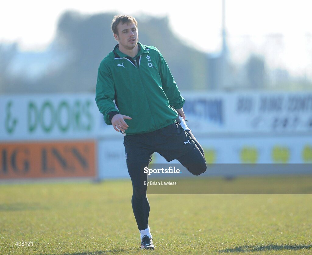 9 March 2010; Ireland's Tommy Bowe stretches during rugby squad training ahead of their RBS Six Nations Rugby Championship match against Wales on Saturday. Dr. Hickey Park, Greystones, Co. Wicklow. Picture credit; Brian Lawless / SPORTSFILE