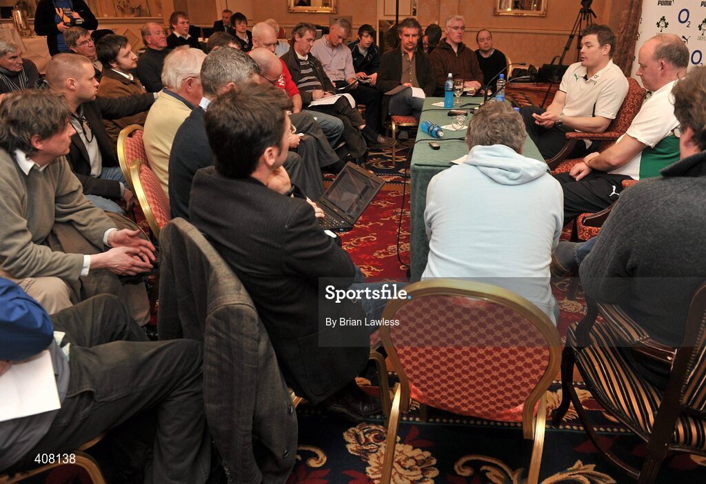 9 March 2010; Ireland captain Brian O'Driscoll alongside head coach Declan Kidney speaks to journalists during the rugby squad team announcement ahead of their RBS Six Nations Rugby Championship match against Wales on Saturday. Fitzpatrick's Castle Hotel, Killiney, Co. Dublin. Picture credit; Brian Lawless / SPORTSFILE