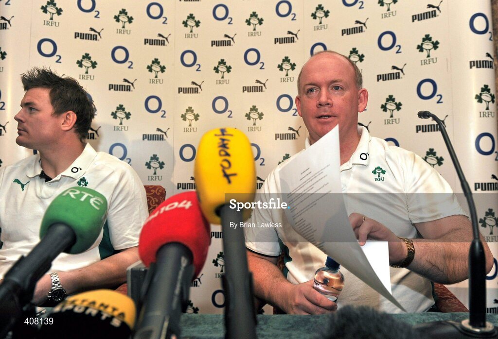 9 March 2010; Ireland head coach Declan Kidney prepares to announce the team, alongside captain Brian O'Driscoll during a press conference ahead of their RBS Six Nations Rugby Championship match against Wales on Saturday. Fitzpatrick's Castle Hotel, Killiney, Co. Dublin. Picture credit; Brian Lawless / SPORTSFILE