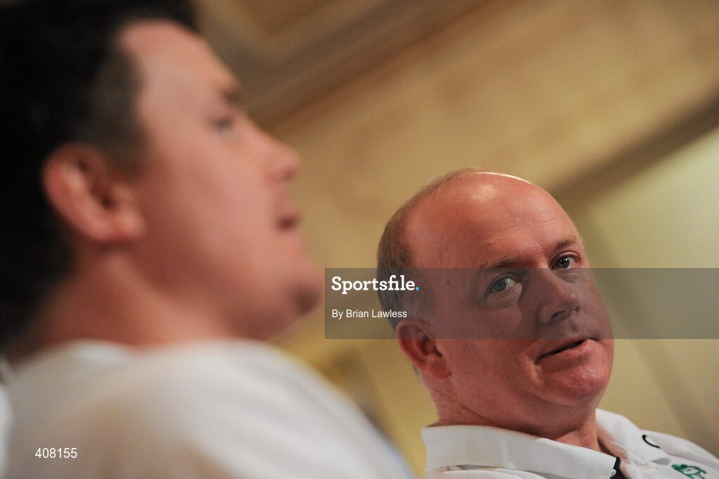 9 March 2010; Ireland head coach Declan Kidney listens as Brian O'Driscoll speaks to the press during the rugby squad team announcement ahead of their RBS Six Nations Rugby Championship match against Wales on Saturday. Fitzpatrick's Castle Hotel, Killiney, Co. Dublin. Picture credit; Brian Lawless / SPORTSFILE