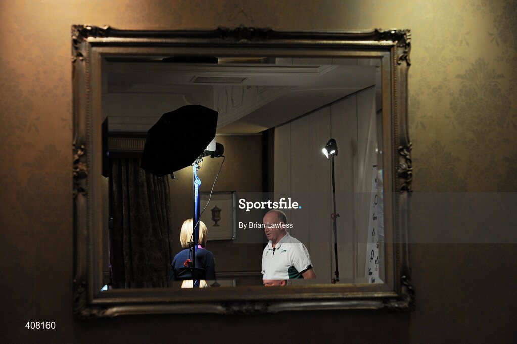 9 March 2010; Ireland head coach Declan Kidney is reflected in a mirror as he's interviewed for TV during the rugby squad team announcement ahead of their RBS Six Nations Rugby Championship match against Wales on Saturday. Fitzpatrick's Castle Hotel, Killiney, Co. Dublin. Picture credit; Brian Lawless / SPORTSFILE