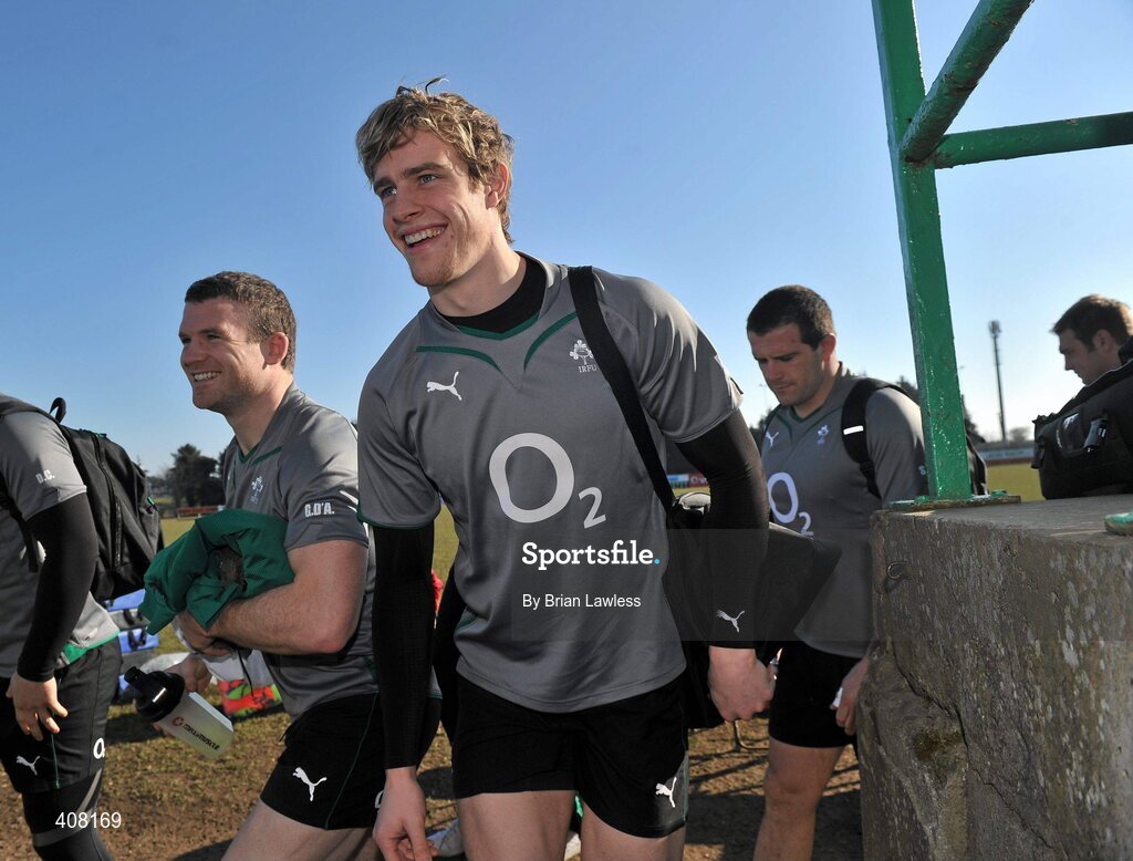 9 March 2010; Ireland's Andrew Trimble with Gordon D'Arcy, left, and Shane Jennings arriving for rugby squad training ahead of their RBS Six Nations Rugby Championship match against Wales on Saturday. Dr. Hickey Park, Greystones, Co. Wicklow. Picture credit; Brian Lawless / SPORTSFILE