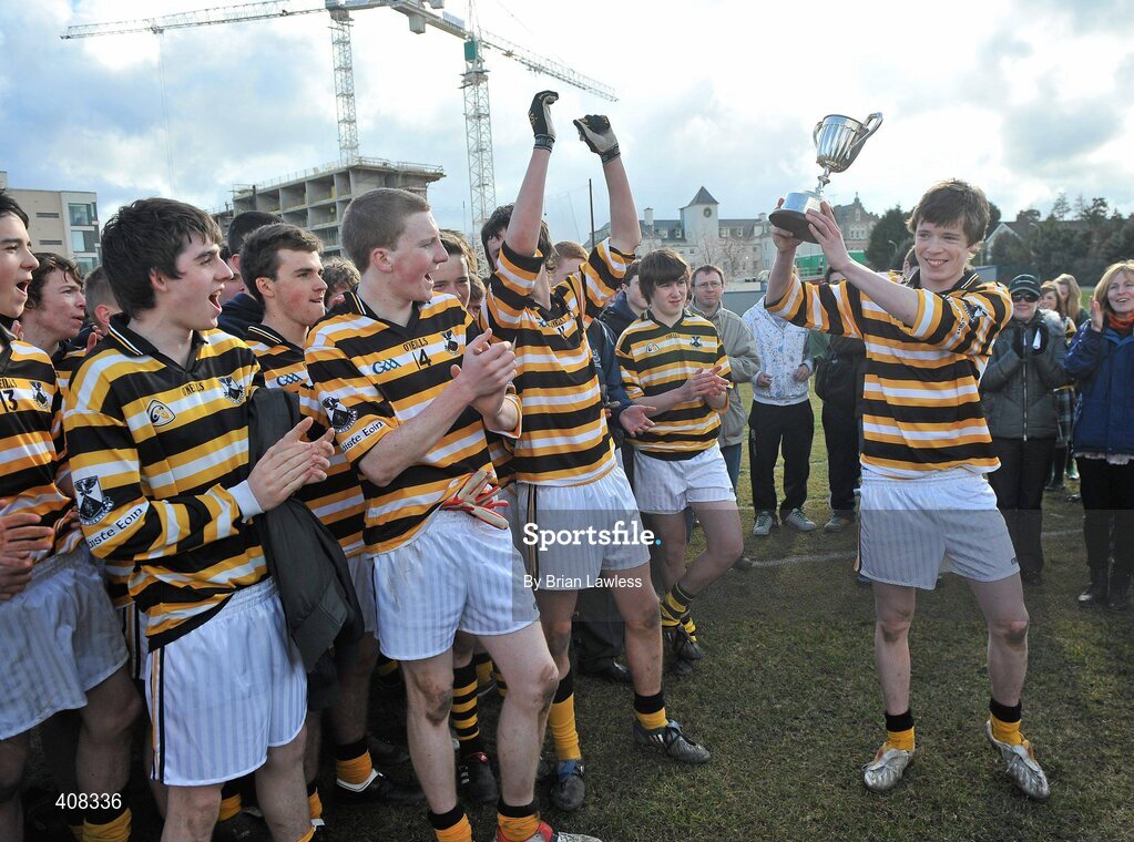 10 March 2010; Colaiste Eoin captain Roibeard Mac Daibhéad lifts the cup. Dublin School Junior Football A Final, St Benildus College v Colaiste Eoin, UCD, Belfield, Dublin. Picture credit: Brian Lawless / SPORTSFILE