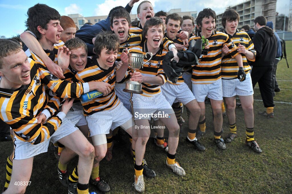 10 March 2010; The Colaiste Eoin team celebrate with the cup. Dublin School Junior Football A Final, St Benildus College v Colaiste Eoin, UCD, Belfield, Dublin. Picture credit: Brian Lawless / SPORTSFILE