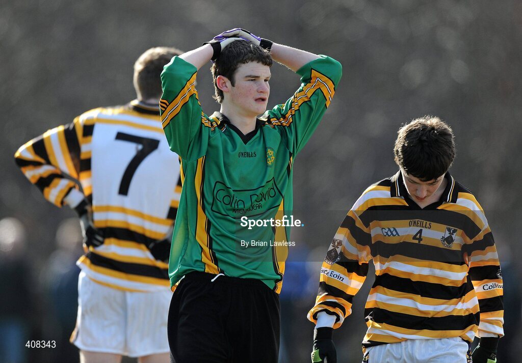 10 March 2010; Niall Hanley, St Benildus College, reacts after missing a goal chance. Dublin School Junior Football A Final, St Benildus College v Colaiste Eoin, UCD, Belfield, Dublin. Picture credit: Jack Halpin / SPORTSFILE