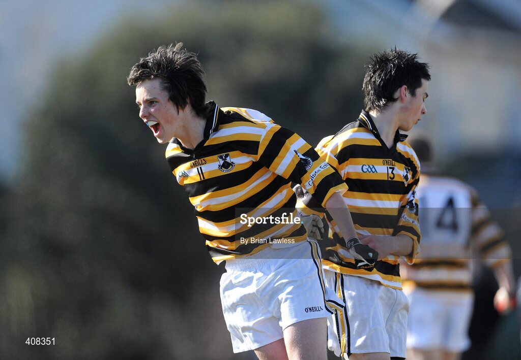 10 March 2010; Lorcán Ó Maoileannaigh, left, Colaiste Eoin, celebrates with team-mate Maitiú MacNioclás, after scoring his side's first goal. Dublin School Junior Football A Final, St Benildus College v Colaiste Eoin, UCD, Belfield, Dublin. Picture credit: Brian Lawless / SPORTSFILE