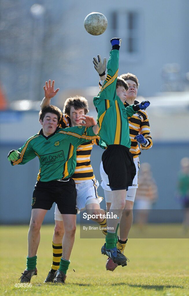 10 March 2010; Alan Kennedy and Daniel McGowan, St Benildus College, in action against Fionnán Motherway and Colm Ó Cróinín, right, Colaiste Eoin. Dublin School Junior Football A Final, St Benildus College v Colaiste Eoin, UCD, Belfield, Dublin. Picture credit: Brian Lawless / SPORTSFILE