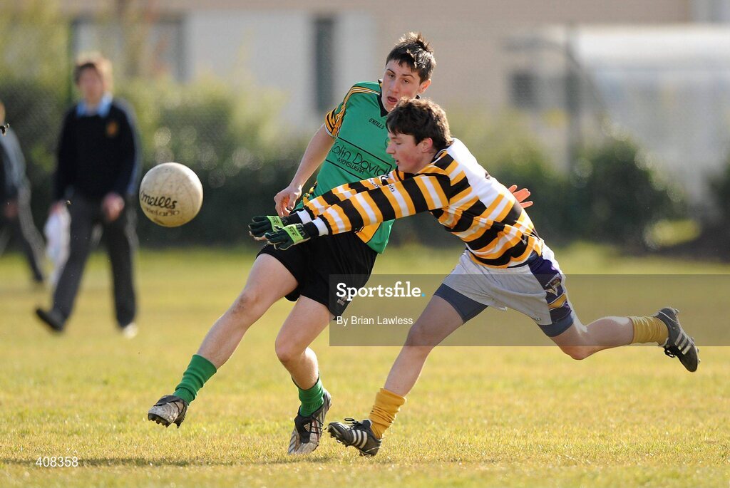 10 March 2010; Conor Devins, St Benildus College, in action against Conchubhair Ó Duibhir, Colaiste Eoin. Dublin School Junior Football A Final, St Benildus College v Colaiste Eoin, UCD, Belfield, Dublin. Picture credit: Jack Halpin / SPORTSFILE