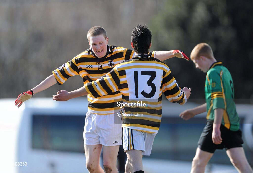10 March 2010; Daithí Ó Cathmhaoil, left, Colaiste Eoin, celebrates with team-mate Maitiú MacNioclás after their second goal was scored. Dublin School Junior Football A Final, St Benildus College v Colaiste Eoin, UCD, Belfield, Dublin. Picture credit: Brian Lawless / SPORTSFILE