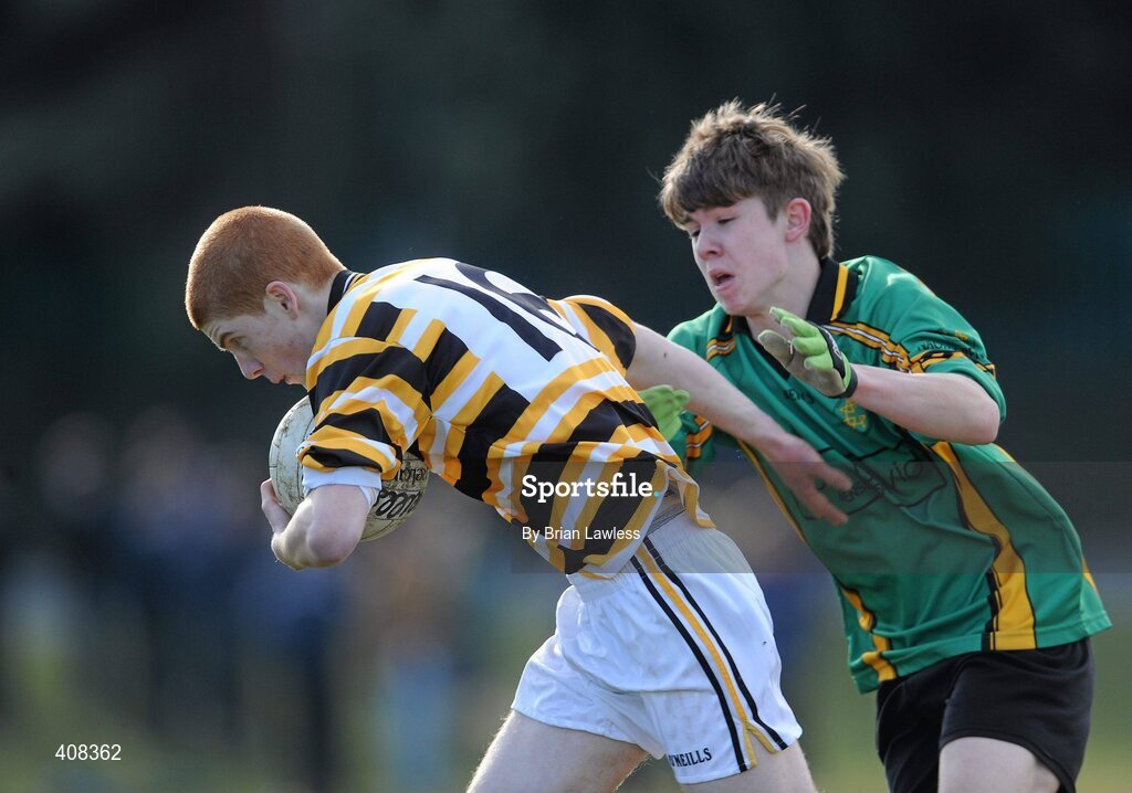 10 March 2010; Daire Ó Meachair, Colaiste Eoin, in action against Conor Conway, St Benildus College. Dublin School Junior Football A Final, St Benildus College v Colaiste Eoin, UCD, Belfield, Dublin. Picture credit: Brian Lawless / SPORTSFILE