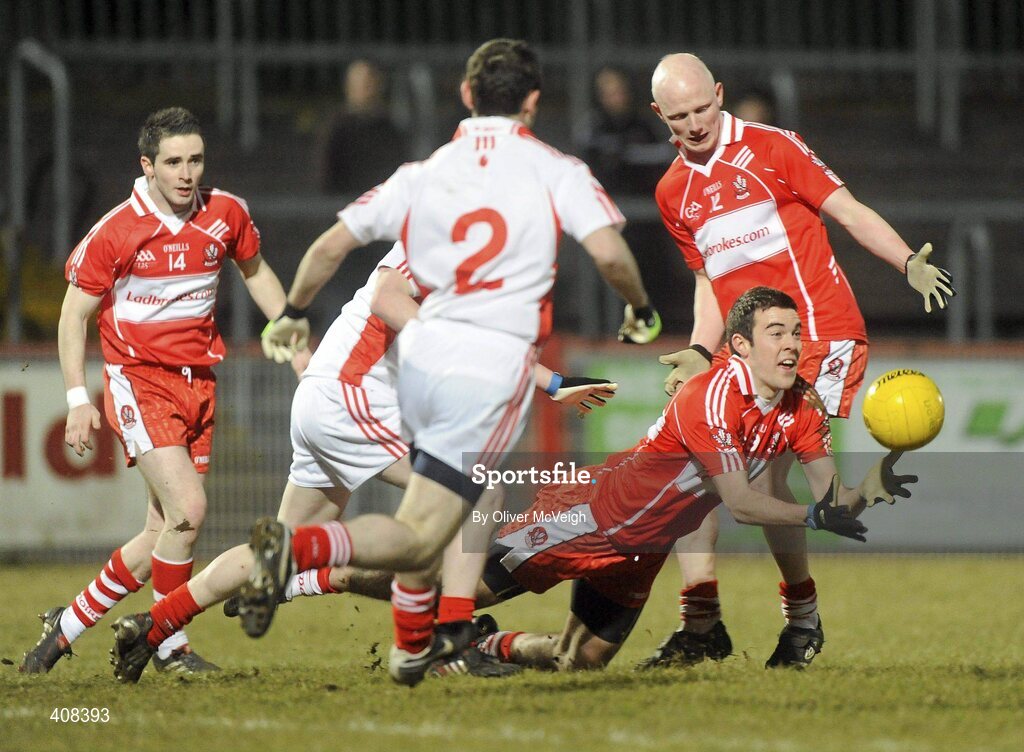 10 March 2010; Caolan O'Boyle, Derry, in action against Aidan Girvan, Tyrone. Cadbury Ulster GAA Football Under 21 Championship, Preliminary Round, Tyrone v Derry, Healy Park, Omagh, Co. Tyrone. Picture credit: Oliver McVeigh / SPORTSFILE
