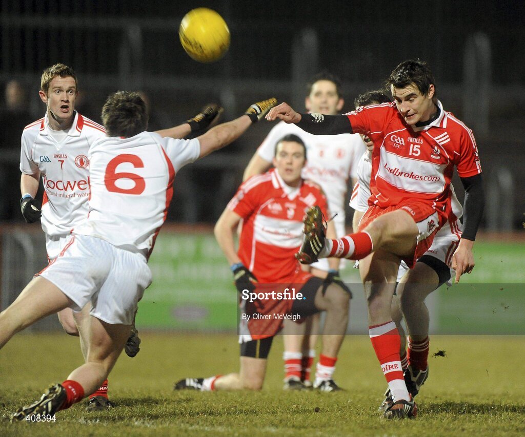 10 March 2010; Lee Kennedy, Derry, in action against Louis O'Neill, Tyrone. Cadbury Ulster GAA Football Under 21 Championship, Preliminary Round, Tyrone v Derry, Healy Park, Omagh, Co. Tyrone. Picture credit: Oliver McVeigh / SPORTSFILE