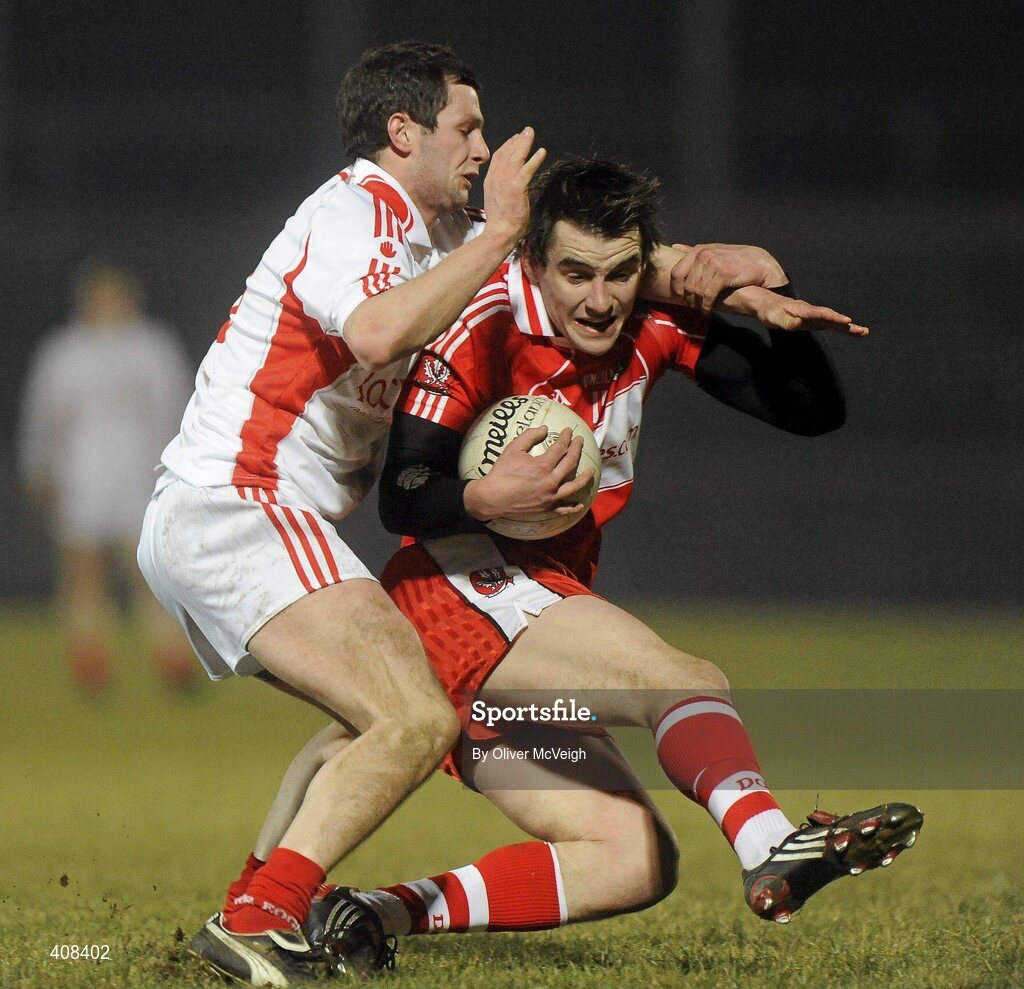 10 March 2010; Lee Kennedy, Derry, in action against Ronan McNabb, Tyrone. Cadbury Ulster GAA Football Under 21 Championship, Preliminary Round, Tyrone v Derry, Healy Park, Omagh, Co. Tyrone. Picture credit: Oliver McVeigh / SPORTSFILE