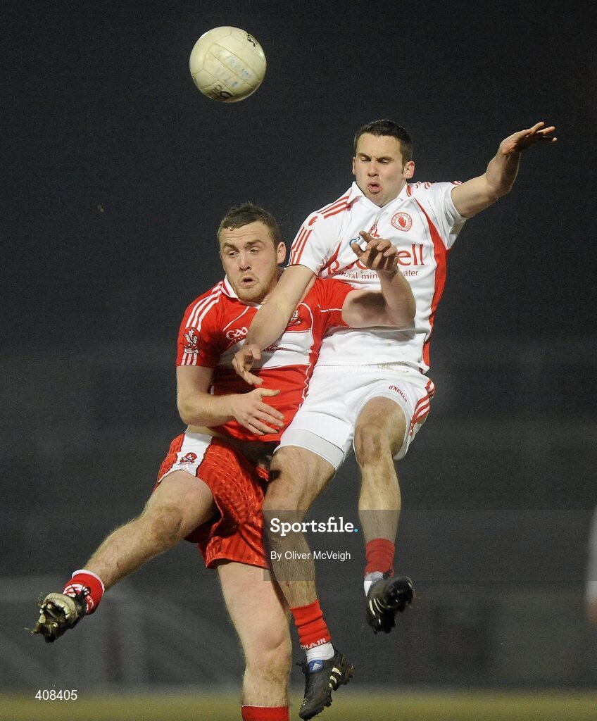 10 March 2010; Emmett McGuckian, Derry, in action against Kyle Coney, Tyrone. Cadbury Ulster GAA Football Under 21 Championship, Preliminary Round, Tyrone v Derry, Healy Park, Omagh, Co. Tyrone. Picture credit: Oliver McVeigh / SPORTSFILE