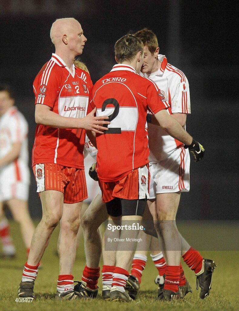 10 March 2010; Declan Bell, Derry, and Gavin Teague, Tyrone, confront one another during the second half. Cadbury Ulster GAA Football Under 21 Championship, Preliminary Round, Tyrone v Derry, Healy Park, Omagh, Co. Tyrone. Picture credit: Oliver McVeigh / SPORTSFILE
