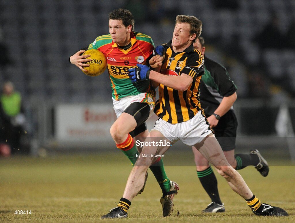 10 March 2010; Martin Clowry, Carlow, in action against Michael Malone, Kilkenny. Cadbury Leinster GAA Football Under 21 Quarter-Final, Carlow v Kilkenny, O'Moore Park, Portlaoise, Co. Laois. Picture credit: Matt Browne / SPORTSFILE