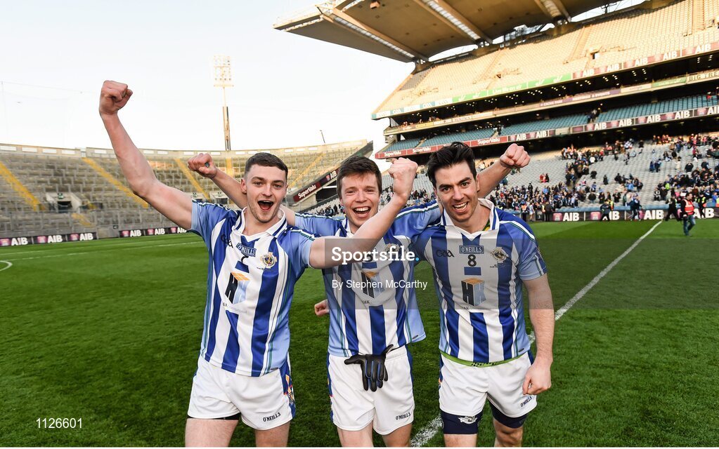 17 March 2016; Ballyboden St Endas players, from left, Aran Waters, Robbie McDaid and Michael Darragh Macauley celebrate their side's victory. AIB GAA Football All-Ireland Senior Club Championship Final, Ballyboden St Endas, Dublin, v Castlebar Mitchels, Mayo. Croke Park, Dublin. Picture credit: Stephen McCarthy / SPORTSFILE