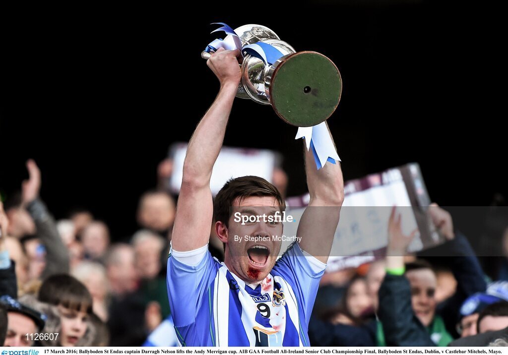 17 March 2016; Ballyboden St Endas captain Darragh Nelson lifts the Andy Merrigan cup. AIB GAA Football All-Ireland Senior Club Championship Final, Ballyboden St Endas, Dublin, v Castlebar Mitchels, Mayo. Croke Park, Dublin. Picture credit: Stephen McCarthy / SPORTSFILE