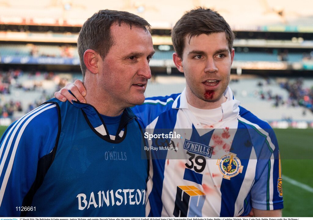 17 March 2016; The Ballyboden St Endas manager, Andrew McEntee, and captain, Darragh Nelson, after the game. AIB GAA Football All-Ireland Senior Club Championship Final, Ballyboden St Endas, Dublin, v Castlebar Mitchels, Mayo. Croke Park, Dublin. Picture credit: Ray McManus / SPORTSFILE