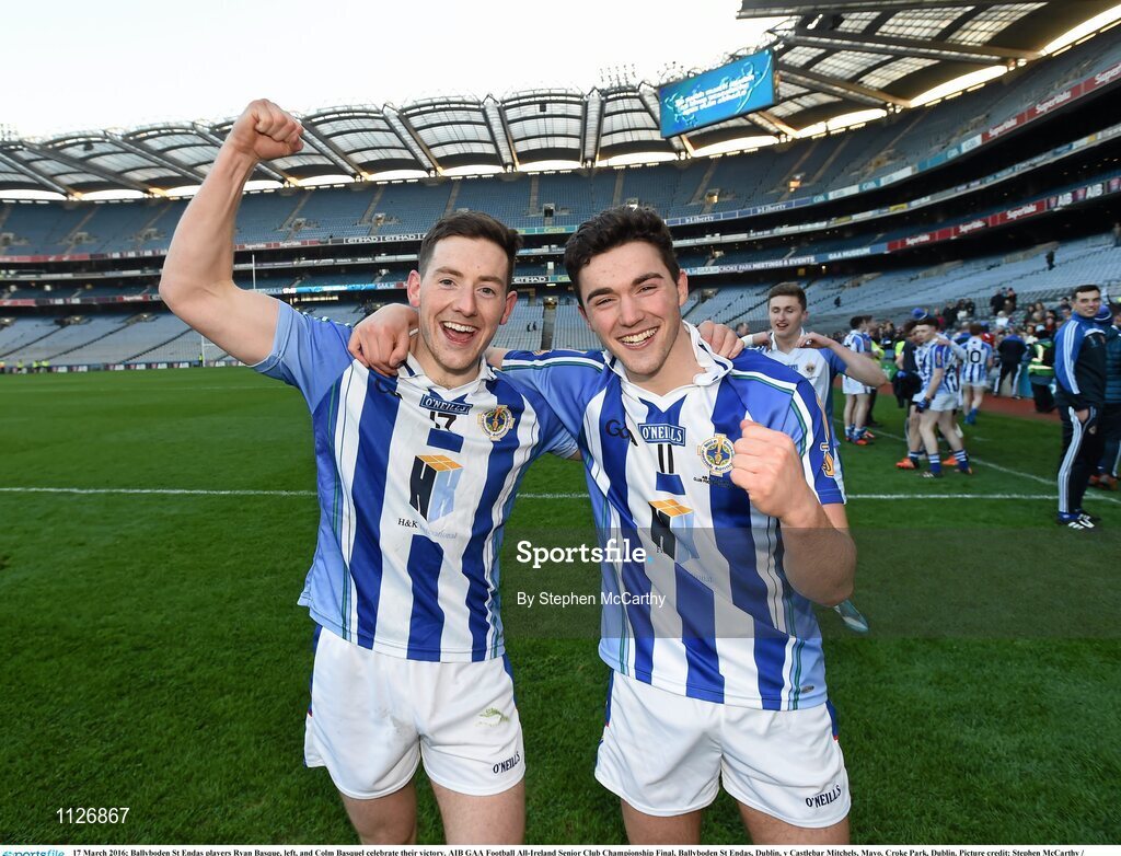 17 March 2016; Ballyboden St Endas players Ryan Basque, left, and Colm Basquel celebrate their victory. AIB GAA Football All-Ireland Senior Club Championship Final, Ballyboden St Endas, Dublin, v Castlebar Mitchels, Mayo. Croke Park, Dublin. Picture credit: Stephen McCarthy / SPORTSFILE