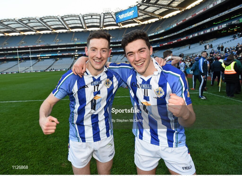 17 March 2016; Ballyboden St Endas players Ryan Basque, left, and Colm Basquel celebrate their victory. AIB GAA Football All-Ireland Senior Club Championship Final, Ballyboden St Endas, Dublin, v Castlebar Mitchels, Mayo. Croke Park, Dublin. Picture credit: Stephen McCarthy / SPORTSFILE